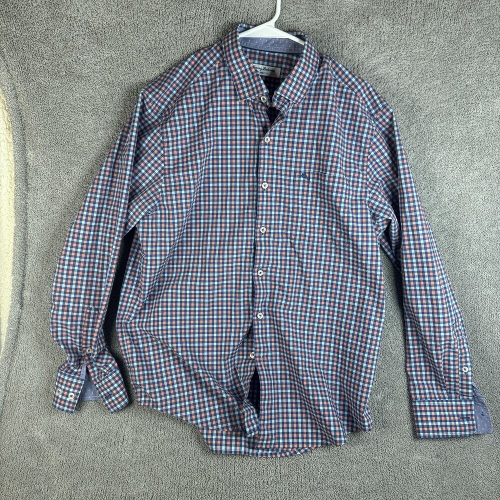 Tommy Bahama Shirt Mens Medium Blue Orange Check IslandZone Button Down Pima